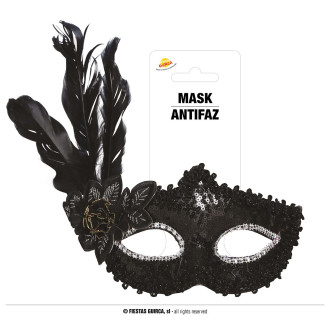 Čierna flitrová maska s perím