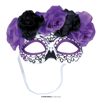 Maska catrina čiernofialová s kvetmi