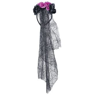 Čiernofialová čelenka s kvetmi a závojom